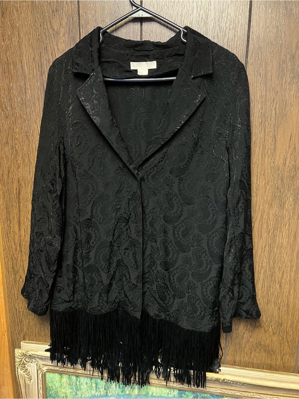 H&M Black Satin Paisley Kimono with Fringe US 4